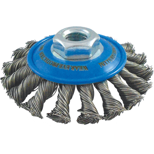 Knotted Wire Wheel Saucer Brushes, 5" Dia., 0.02" Fill, 5/8"-11 Arbor, Stainless Steel Superchem Industries