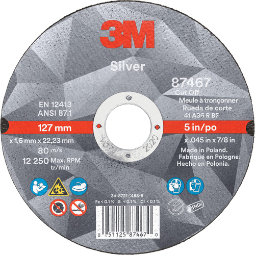 Meule &agrave; tronçonner Silver, 5" x 0,045", Arbre de 7/8", Type 1, C&eacute;ramique, 12250 Tr/min Superchem Industries