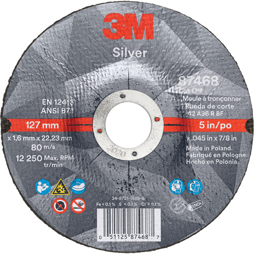 Meule &agrave; tronçonner Silver, 5" x 0,045", Arbre de 7/8", Type 27, C&eacute;ramique, 12250 Tr/min Superchem Industries