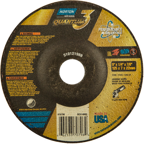 Quantum3 Grinding Wheel, 5" x 1/4", 7/8" Arbor, Ceramic, Type 27 Superchem Industries