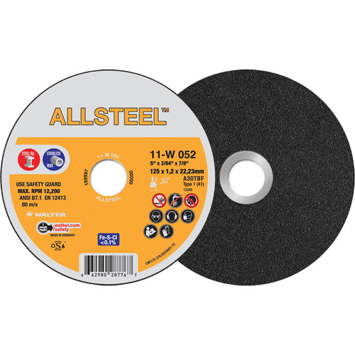 AllSteel Cut-Off Wheel, 5" x 3/64", 7/8" Arbor, Type 1, Aluminum Oxide, 12250 RPM Superchem Industries