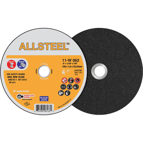 AllSteel Cut-Off Wheel, 6" x 1/16", 7/8" Arbor, Type 1, Aluminum Oxide, 10200 RPM Superchem Industries