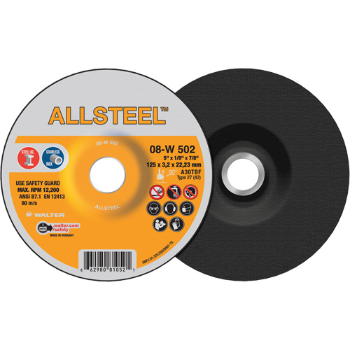 Meule AllSteel, 5" x 1/8", Arbre 7/8", Oxyde d'aluminium, Type 27 Superchem Industries