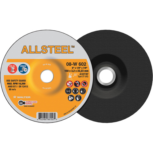 ALLSTEEL Grinding Wheel, 6" x 1/8", 7/8" Arbor, Aluminum Oxide, Type 27 Superchem Industries