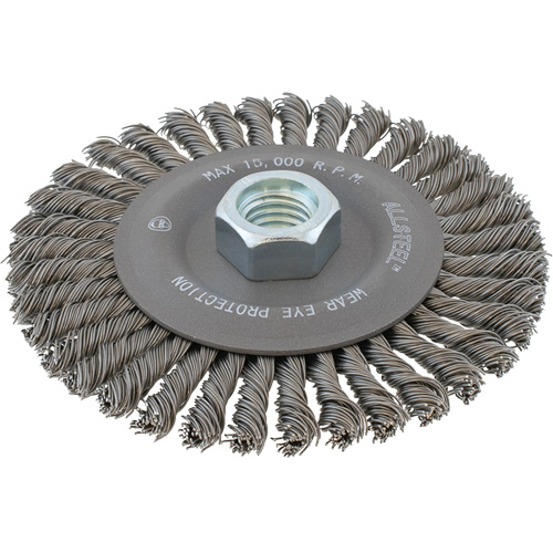 Brosse m&eacute;tallique &agrave; fils &eacute;troits nou&eacute;s ALLSTEEL, Dia. 6", Fils 0,02", Arbre 5/8"-11, Acier Superchem Industries