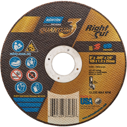 Quantum3 RightCut Cut-Off Wheel, 5" x 0.045", 7/8" Arbor, Type 01/41, Ceramic Alumina, 12225 RPM Superchem Industries
