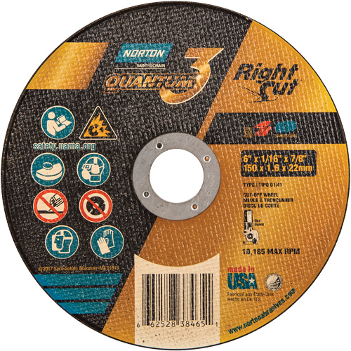 Quantum3 RightCut Cut-Off Wheel, 6" x 1/16", 7/8" Arbor, Type 01/41, Aluminum Oxide, 10185 RPM Superchem Industries