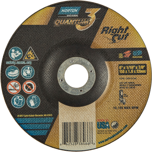 Quantum3 RightCut Cut-Off Wheel, 6" x 1/16", 7/8" Arbor, Type 27/42, Aluminum Oxide, 10185 RPM Superchem Industries