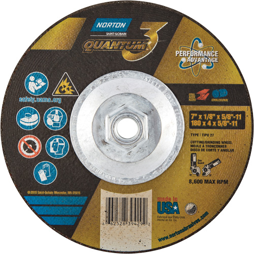 Quantum3 Grinding & Cutting Wheel, 7" x 1/8", 5/8"-11 Arbor, Type 27, 24 Grit, Ceramic Alumina Superchem Industries
