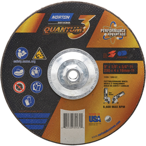 Quantum3 Grinding & Cutting Wheel, 9" x 1/8", 5/8"-11 Arbor, Type 27, 24 Grit, Ceramic Alumina Superchem Industries
