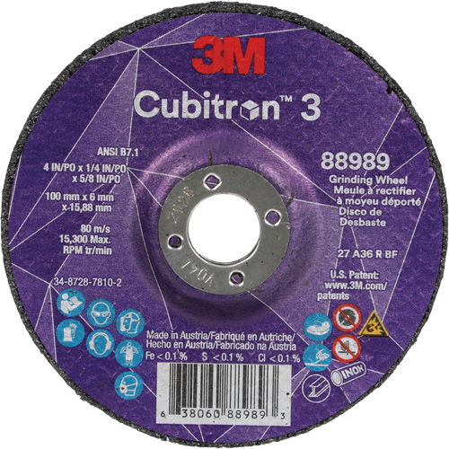 Cubitron 3 Depressed Centre Grinding Wheel, 4" x 1/4", 5/8" Arbor, Ceramic, Type T27 Superchem Industries