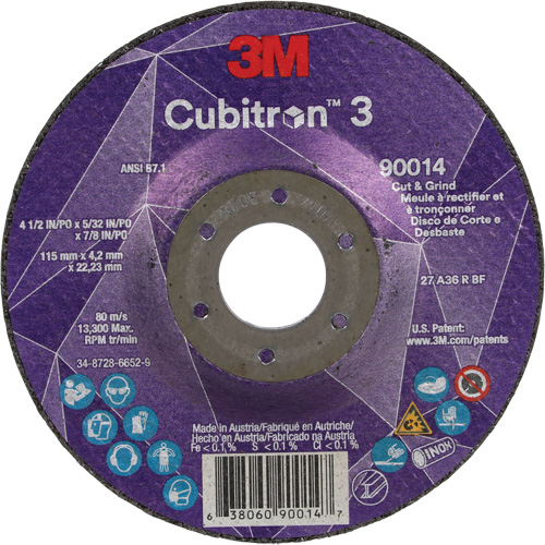 Cubitron 3 Cut & Grind Wheel, 4-1/2" x 5/32", 7/8" Arbor, Type T27, 36+ Grit, Ceramic Superchem Industries