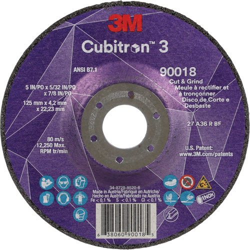 Cubitron 3 Cut & Grind Wheel, 5" x 5/32", 7/8" Arbor, Type T27, 36+ Grit, Ceramic Superchem Industries