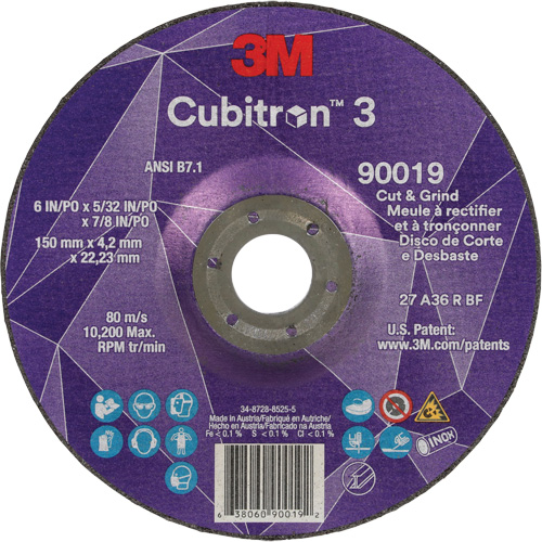 Meule &agrave; couper & tronçonner Cubitron 3, 6" x 5/32", Arbre de 7/8", Type T27, Grain de 36+, C&eacute;ramique Superchem Industries