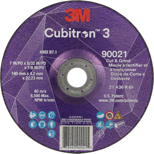 Meule &agrave; couper & tronçonner Cubitron 3, 7" x 5/32", Arbre de 7/8", Type T27, Grain de 36+, C&eacute;ramique Superchem Industries