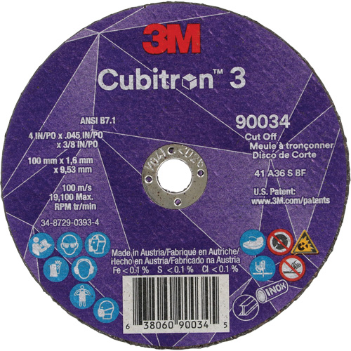 Meule &agrave; tronçonner Cubitron 3, 4" x 0,045", Arbre de 3/8", Type T1, C&eacute;ramique, 21000 Tr/min Superchem Industries