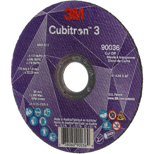 Cubitron 3 Cut-Off Wheel, 4-1/2" x 0.045", 7/8" Arbor, Type T1, Ceramic, 13300 RPM Superchem Industries