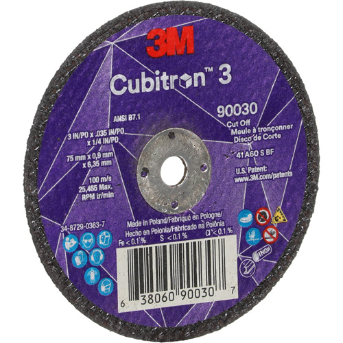 Meule &agrave; tronçonner Cubitron 3, 3" x 0,035", Arbre de 1/4", Type T1, C&eacute;ramique, 21000 Tr/min Superchem Industries