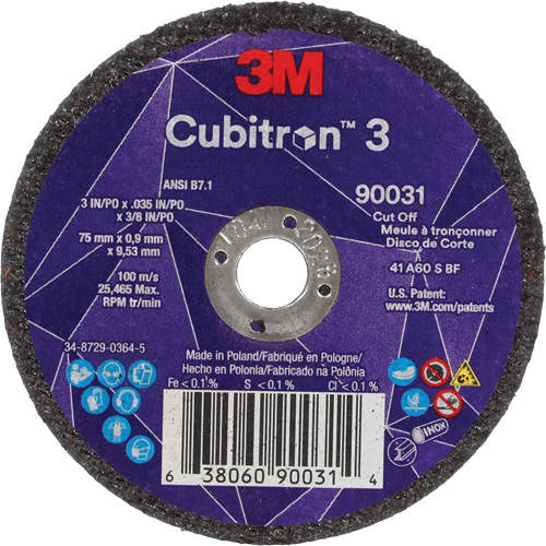 Cubitron 3 Cut-Off Wheel, 3" x 0.035", 3/8" Arbor, Type T1, Ceramic, 21000 RPM Superchem Industries