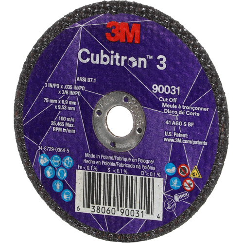 Cubitron 3 Cut-Off Wheel, 3" x 0.035", 3/8" Arbor, Type T1, Ceramic, 21000 RPM Superchem Industries