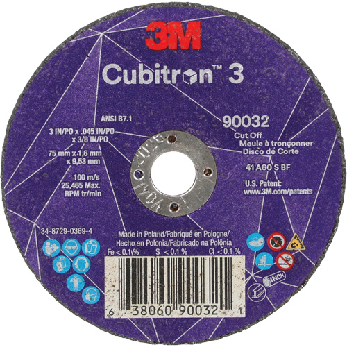 Meule &agrave; tronçonner Cubitron 3, 3" x 0,045", Arbre de 3/8", Type T1, C&eacute;ramique, 21000 Tr/min Superchem Industries