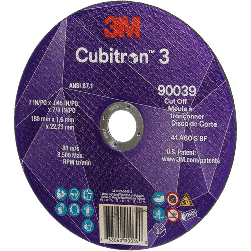Cubitron 3 Cut-Off Wheel, 7" x 0.09", 7/8" Arbor, Type T27, Ceramic, 8500 RPM Superchem Industries