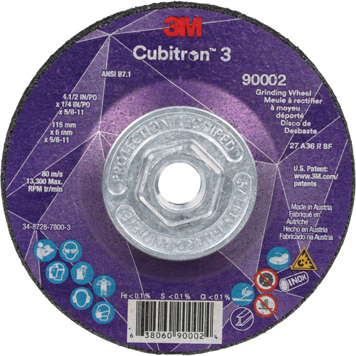 Meule a moyeu d&eacute;port&eacute; Cubitron 3, 4-1/2" x 1/4", Arbre 5/8"-11, C&eacute;ramique, Type T27 Superchem Industries