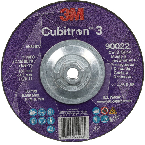 Meule &agrave; rectifier et &agrave; tronçonner Cubitron 3, 7" x 5/32", Arbre de 5/8"-11, Type 27, Grain de 36, C&eacute;ramique Superchem Industries