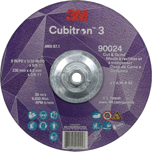 Meule &agrave; rectifier et &agrave; tronçonner Cubitron 3, 9" x 5/32", Arbre de 5/8"-11, Type 27, Grain de 36, C&eacute;ramique Superchem Industries