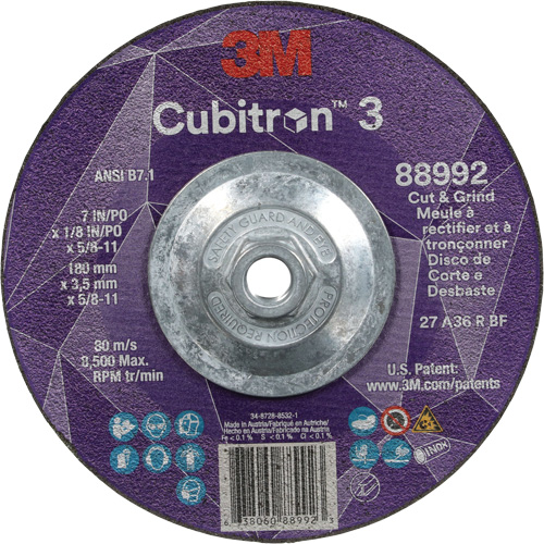 Meule &agrave; rectifier et &agrave; tronçonner Cubitron 3, 7" x 1/8", Arbre de 5/8"-11, Type 27, Grain de 36, C&eacute;ramique Superchem Industries