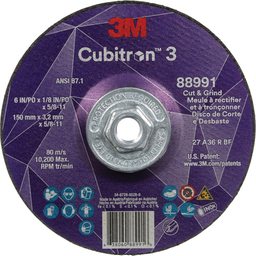 Meule &agrave; rectifier et &agrave; tronçonner Cubitron 3, 6" x 1/8", Arbre de 5/8"-11, Type 27, Grain de 36, C&eacute;ramique Superchem Industries