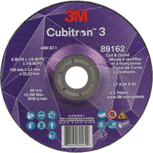 Meule &agrave; rectifier et &agrave; tronçonner Cubitron 3, 6" x 1/8", Arbre de 7/8", Type 27, Grain de 36, C&eacute;ramique Superchem Industries