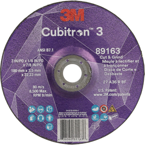 Cubitron 3 Cut and Grind Wheel, 7" x 1/8", 7/8" Arbor, Type 27, 36 Grit, Ceramic Superchem Industries