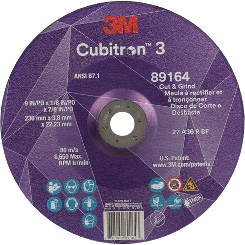 Cubitron 3 Cut and Grind Wheel, 9" x 1/8", 7/8" Arbor, Type 27, 36 Grit, Ceramic Superchem Industries