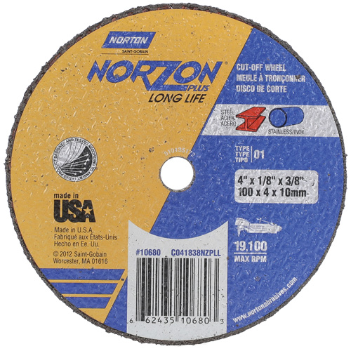 NorZon Plus SGZ CA Small Diameter Cut-Off Wheel, 4" x 1/8", 3/8" Arbor, Type 01/41, Ceramic Alumina, 19100 RPM Superchem Industries