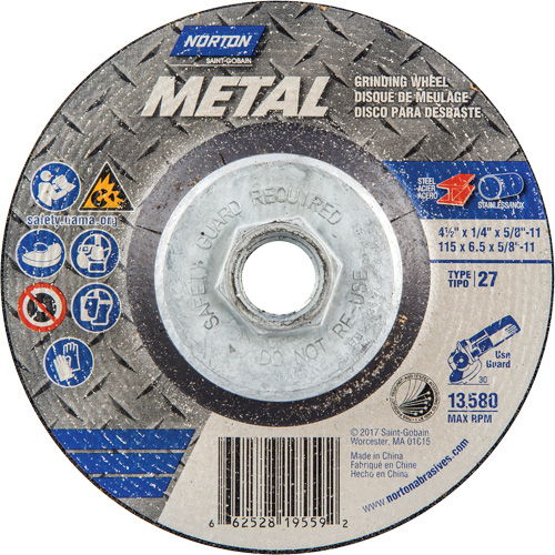 Metal Grinding Wheel, 4-1/2" x 1/4", 5/8"-11 Arbor, Aluminum Oxide, Type 27 Superchem Industries