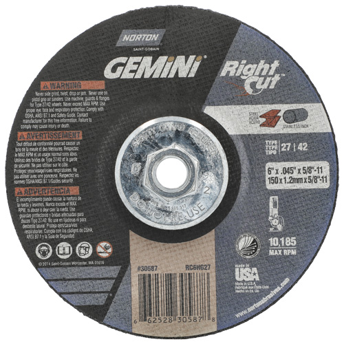 Gemini RightCut Right Angle Cut-Off Wheel, 6" x 0.045", 5/8"-11 Arbor, Type 27/42, Aluminum Oxide, 10185 RPM Superchem Industries
