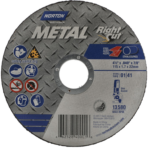 Metal RightCut Right Angle Cut-Off Wheel, 4-1/2" x 0.045", 7/8" Arbor, Type 01/41, Aluminum Oxide, 13580 RPM Superchem Industries