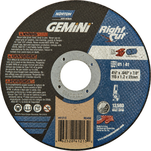 Meule &agrave; tronçonner pour coupe &agrave; angle droit RightCut Gemini, 4-1/2" x 0,045", Arbre de 7/8", Type 01/41, Oxyde d'aluminium, 13580 Tr/min Superchem Industries