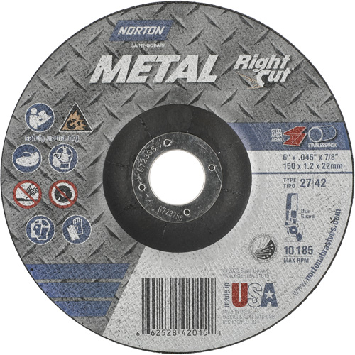 Metal RightCut Right Angle Cut-Off Wheel, 6" x 0.045", 7/8" Arbor, Type 27/42, Aluminum Oxide, 10190 RPM Superchem Industries