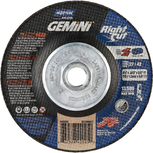 Gemini RightCut Right Angle Cut-Off Wheel, 4-1/2" x 0.045", 5/8"-11 Arbor, Type 27/42, Aluminum Oxide, 13580 RPM Superchem Industries