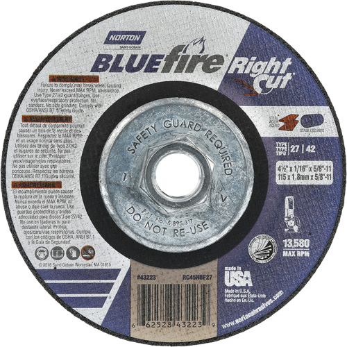 BlueFire RightCut Right Angle Cut-Off Wheel, 4-1/2" x 1/16", 5/8"-11 Arbor, Type 27/42, Aluminum Oxide, 13580 RPM Superchem Industries