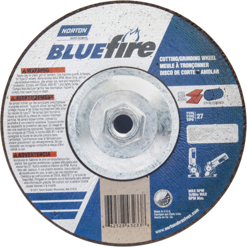 BlueFire Grinding & Cutting Wheel, 7" x 1/8", 5/8"-11 Arbor, Type 27, Zirconia Alumina Superchem Industries