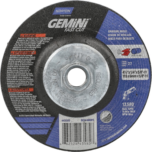 Gemini Grinding Wheel, 4-1/2" x 1/4", 5/8"-11 Arbor, Aluminum Oxide, Type 27 Superchem Industries