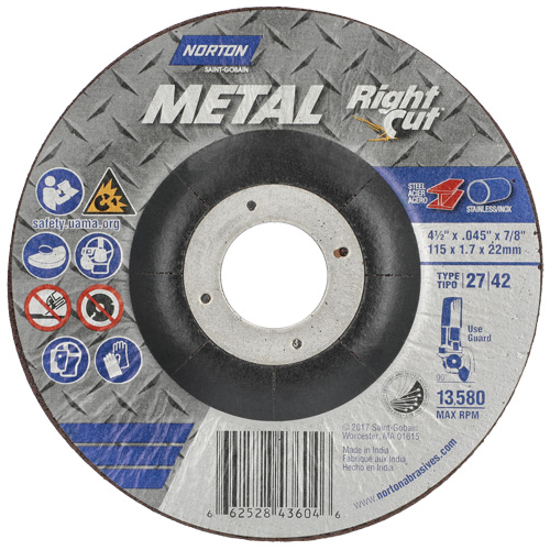 Metal RightCut Right Angle Cut-Off Wheel, 4-1/2" x 0.045", 7/8" Arbor, Type 27, Aluminum Oxide, 13580 RPM Superchem Industries