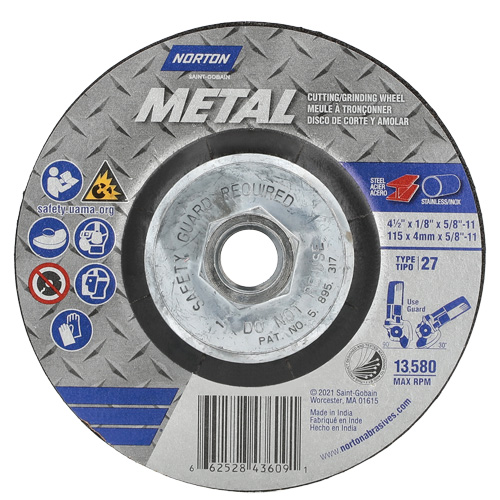 Metal Grinding & Cutting Wheel, 4-1/2" x 1/8", 5/8"-11 Arbor, Type 27, Aluminum Oxide Superchem Industries