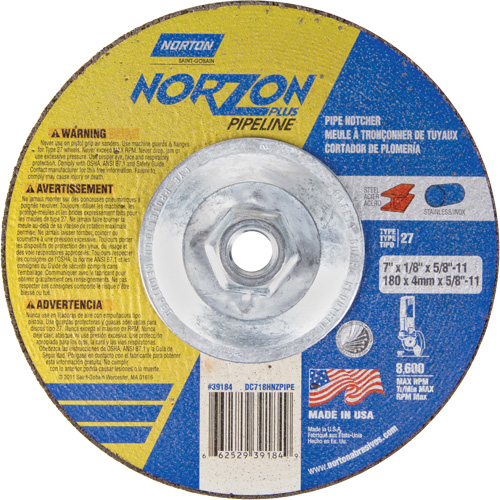 NorZon Plus SGZ Right Angle Cut-Off Wheel, 7" x 1/8", 5/8"-11 Arbor, Type 27/42, Ceramic Alumina, 8600 RPM Superchem Industries
