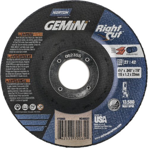Meule &agrave; tronçonner pour coupe &agrave; angle droit RightCut Gemini, 4-1/2" x 0,045", Arbre de 7/8", Type 27/42, Oxyde d'aluminium, 13580 Tr/min Superchem Industries