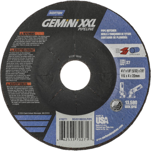 Gemini XXL Grinding & Cutting Wheel, 4-1/2" x 1/8", 7/8" Arbor, Type 27, Aluminum Oxide Superchem Industries