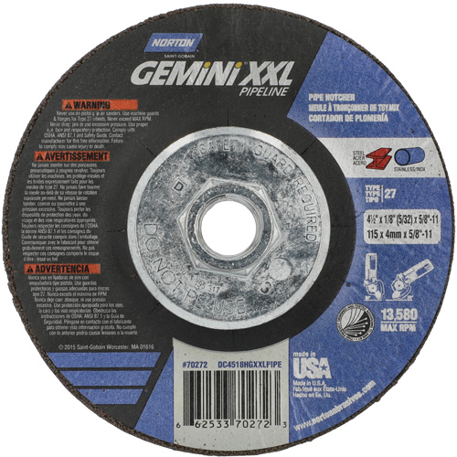 Gemini XXL Grinding & Cutting Wheel, 4-1/2" x 1/8", 5/8"-11 Arbor, Type 27, Aluminum Oxide Superchem Industries